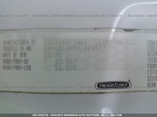 1FUJGLCK99LAL2077 - 2009 FREIGHTLINER CASCADIA 125  WHITE photo 9