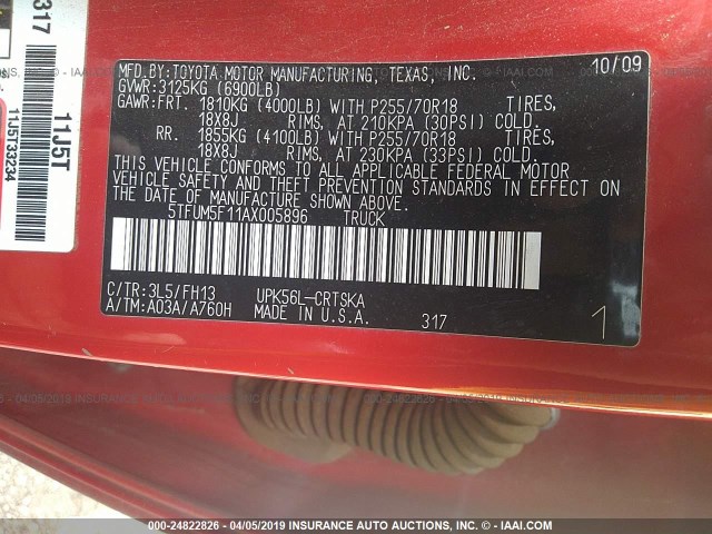 5TFUM5F11AX005896 - 2010 TOYOTA TUNDRA DOUBLE CAB SR5 RED photo 9