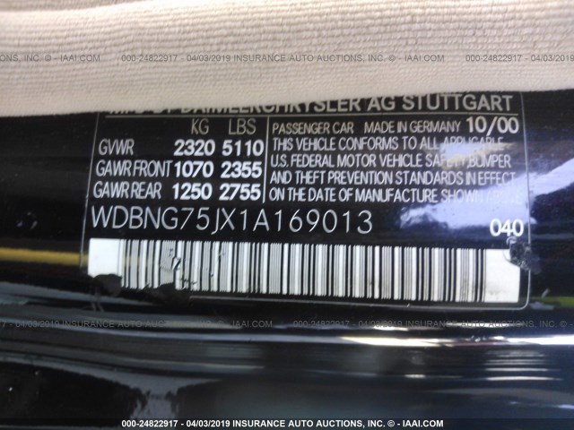 WDBNG75JX1A169013 - 2001 MERCEDES-BENZ S 500 BLACK photo 9