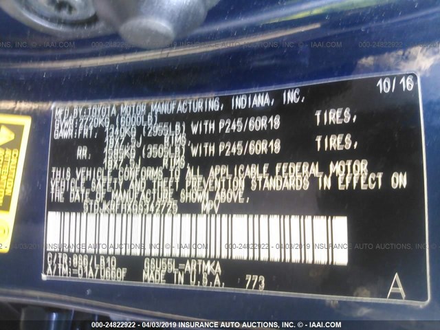 5TDJKRFHXGS342725 - 2016 TOYOTA HIGHLANDER XLE ლურჯი ფოტო 9