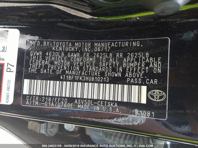 4T1BF1FK3HU810213 - 2017 TOYOTA CAMRY LE/XLE/SE/XSE შავი ფოტო 9