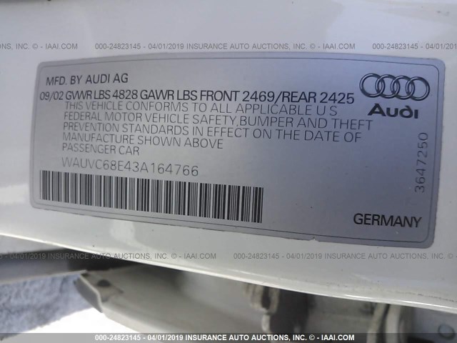 WAUVC68E43A164766 - 2003 AUDI A4 1.8T AVANT QUATTRO WHITE photo 9