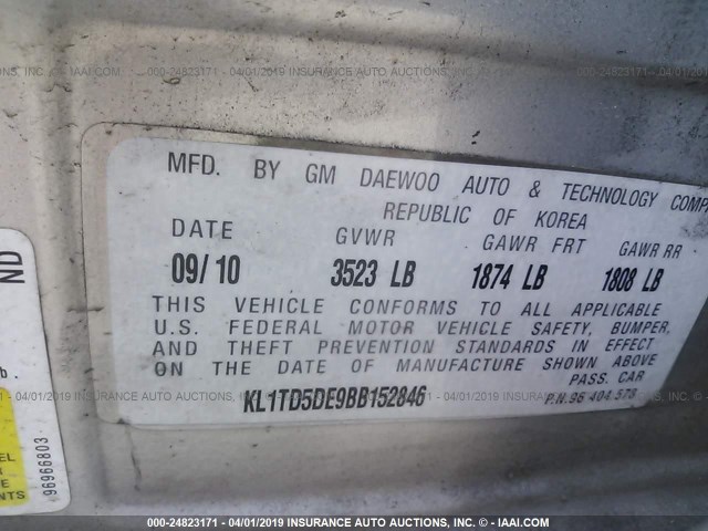 KL1TD5DE9BB152846 - 2011 CHEVROLET AVEO LS/LT SILVER photo 9