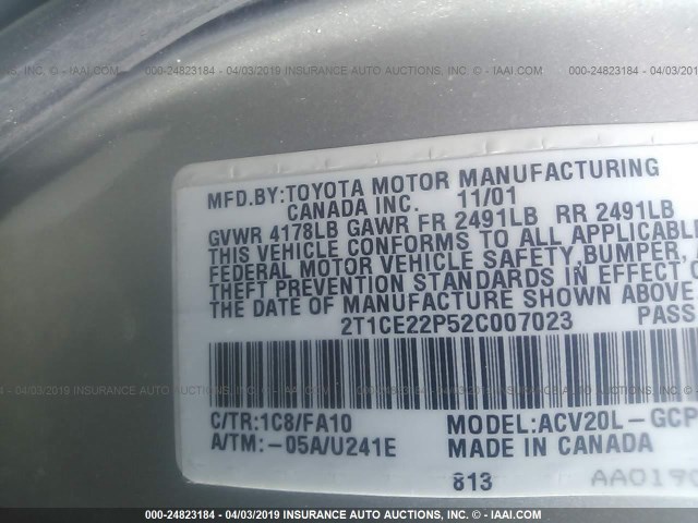 2T1CE22P52C007023 - 2002 TOYOTA CAMRY SOLARA SE SILVER photo 9