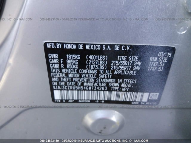 3CZRU5H54GM734263 - 2016 HONDA HR-V EX SILVER photo 9