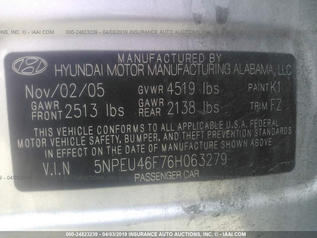 5NPEU46F76H063279 - 2006 HYUNDAI SONATA GLS/LX SILVER photo 9