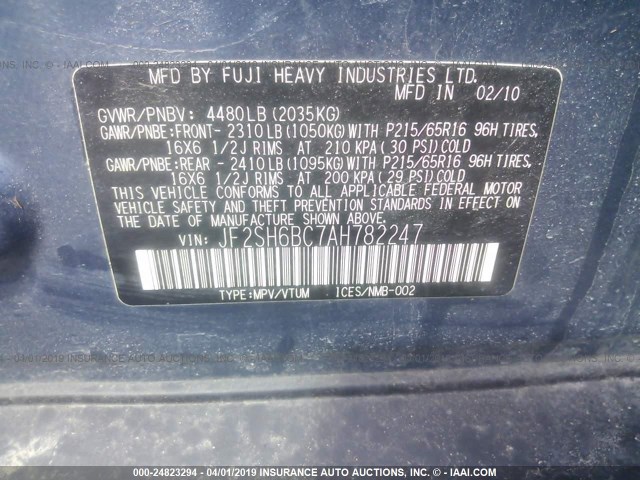 JF2SH6BC7AH782247 - 2010 SUBARU FORESTER XS BLUE photo 9