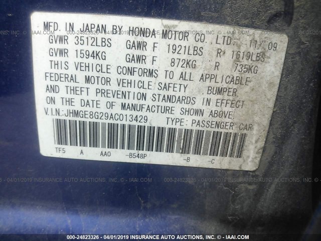 JHMGE8G29AC013429 - 2010 HONDA FIT BLUE photo 9