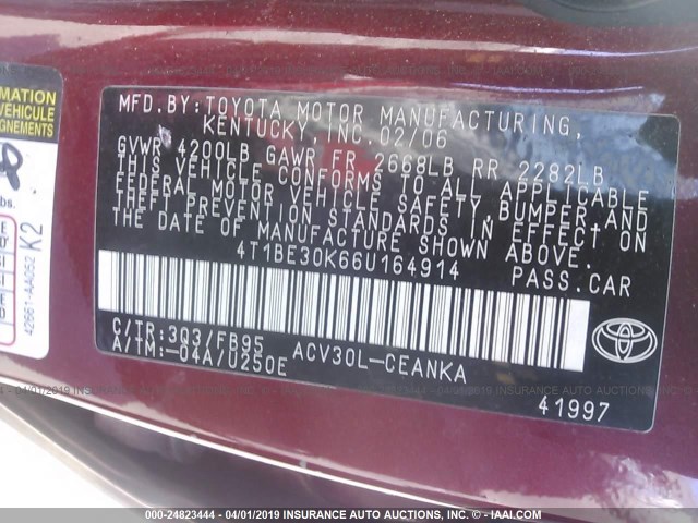 4T1BE30K66U164914 - 2006 TOYOTA CAMRY LE/XLE/SE RED photo 9