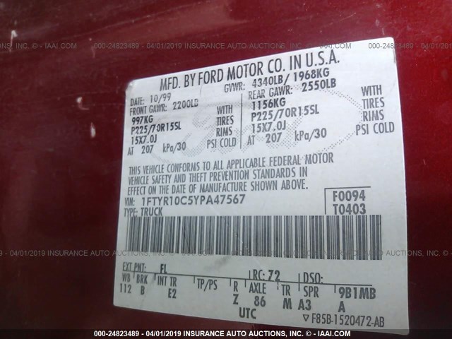 1FTYR10C5YPA47567 - 2000 FORD RANGER RED photo 9