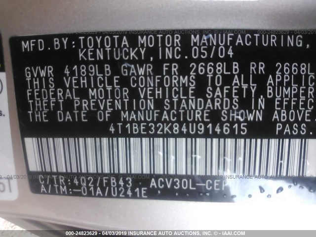 4T1BE32K84U914615 - 2004 TOYOTA CAMRY LE/XLE/SE BROWN photo 9