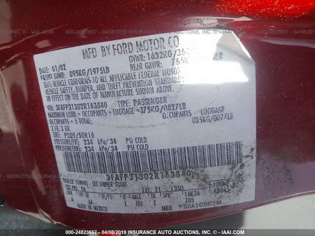 3FAFP31302R163840 - 2002 FORD FOCUS ZX3 RED photo 9