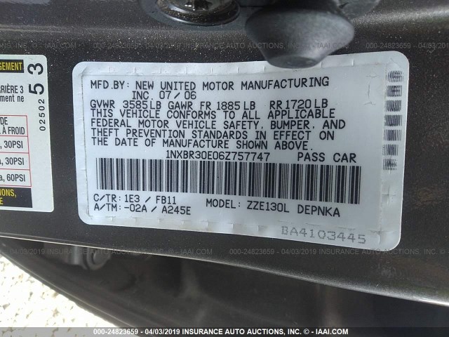 1NXBR30E06Z757747 - 2006 TOYOTA COROLLA CE/LE/S GRAY photo 9