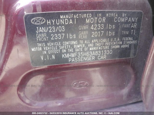 KMHWF35H63A831330 - 2003 HYUNDAI SONATA GLS/LX RED photo 9