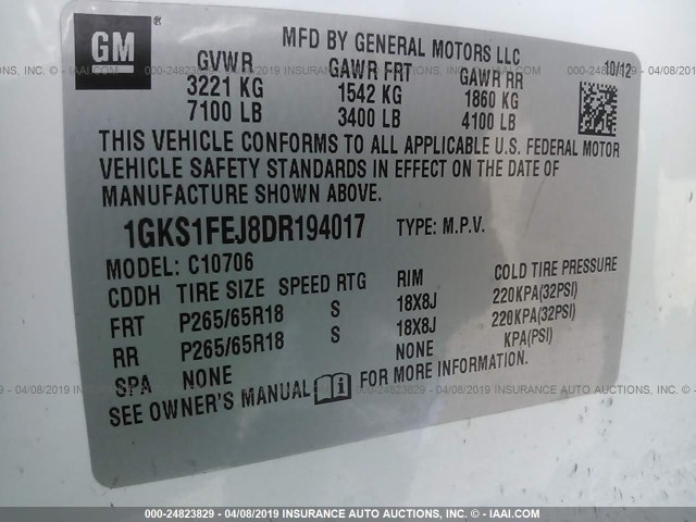 1GKS1FEJ8DR194017 - 2013 GMC YUKON HYBRID WHITE photo 9