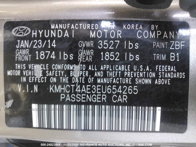 KMHCT4AE3EU654265 - 2014 HYUNDAI ACCENT GLS/GS GOLD photo 9