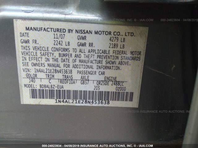 1N4AL21E28N453638 - 2008 NISSAN ALTIMA 2.5/2.5S GREEN photo 9