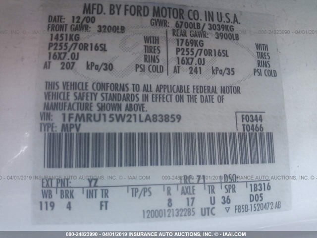 1FMRU15W21LA83859 - 2001 FORD EXPEDITION XLT WHITE photo 9