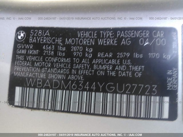 WBADM6344YGU27723 - 2000 BMW 528 I AUTOMATIC SILVER photo 9