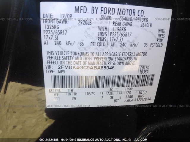 2FMDK4GC9ABA85046 - 2010 FORD EDGE SE BLACK photo 9