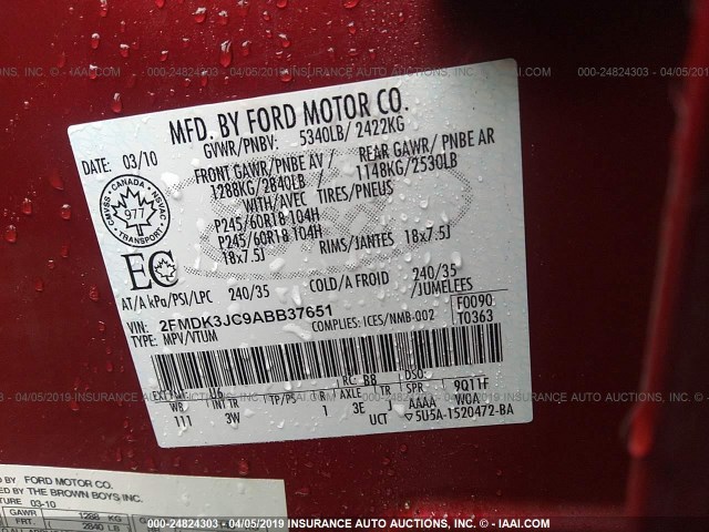 2FMDK3JC9ABB37651 - 2010 FORD EDGE SEL RED photo 9