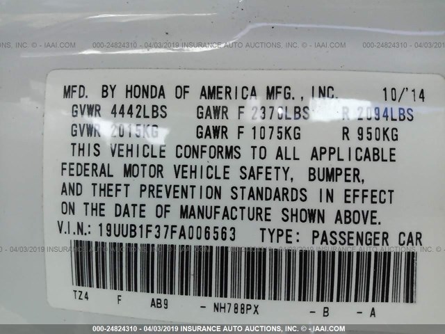 19UUB1F37FA006563 - 2015 ACURA TLX WHITE photo 9