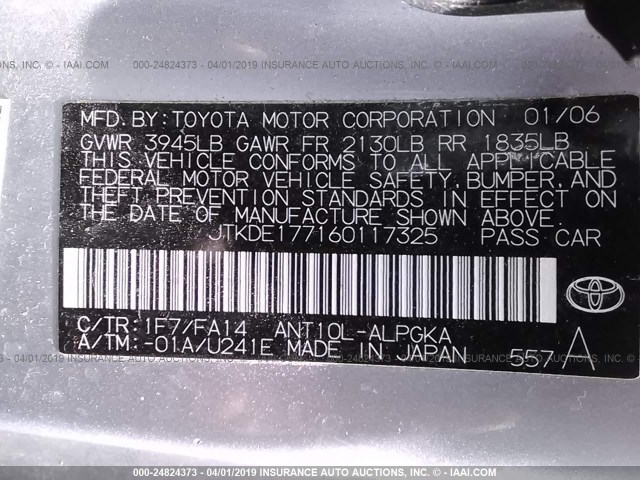 JTKDE177160117325 - 2006 TOYOTA SCION TC ვერცხლისფერი ფოტო 9