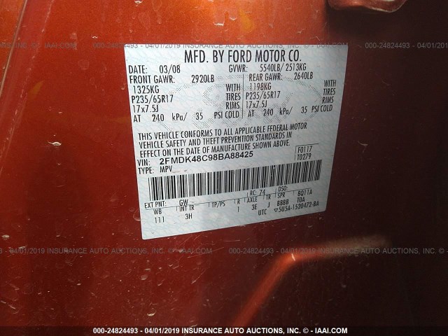 2FMDK48C98BA88425 - 2008 FORD EDGE SEL ORANGE photo 9