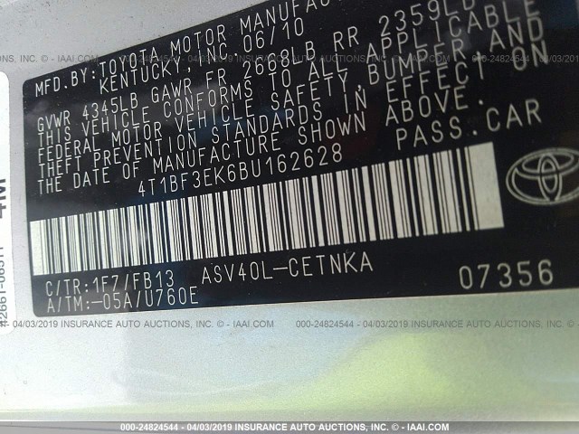 4T1BF3EK6BU162628 - 2011 TOYOTA CAMRY SE/LE/XLE SILVER photo 9