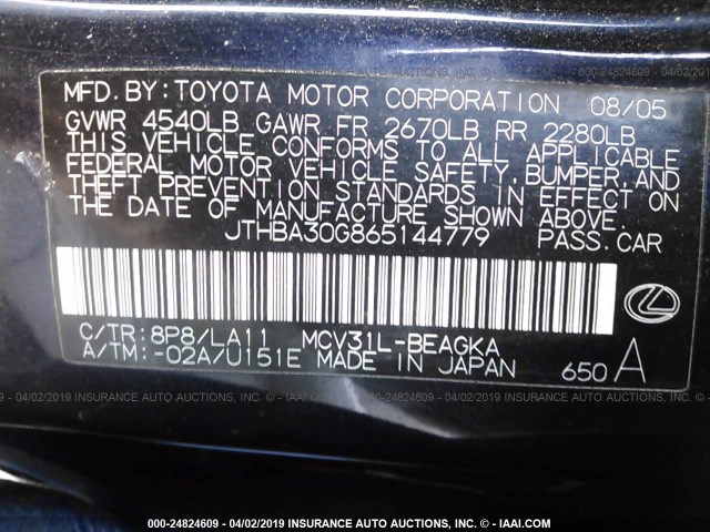 JTHBA30G865144779 - 2006 LEXUS ES 330 BLACK photo 9