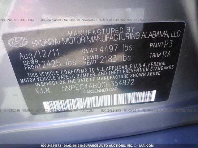 5NPEC4AB0CH354872 - 2012 HYUNDAI SONATA SE/LIMITED GRAY photo 9