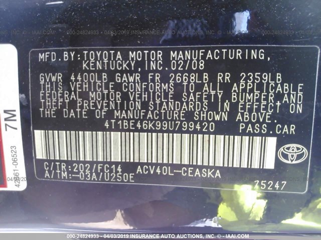 4T1BE46K99U799420 - 2009 TOYOTA CAMRY SE/LE/XLE BLACK photo 9