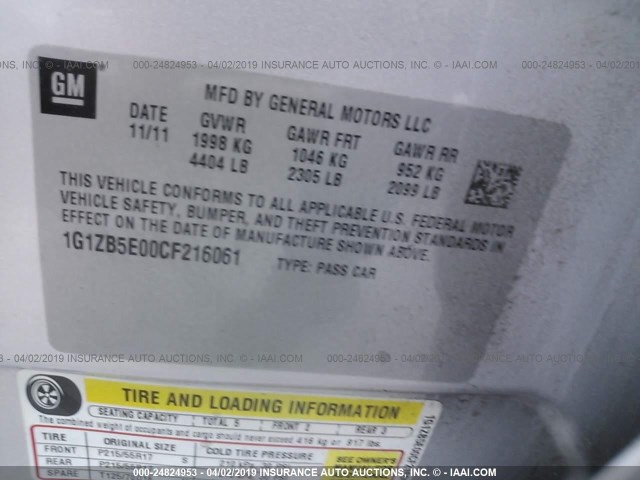 1G1ZB5E00CF216061 - 2012 CHEVROLET MALIBU LS ვერცხლისფერი ფოტო 9