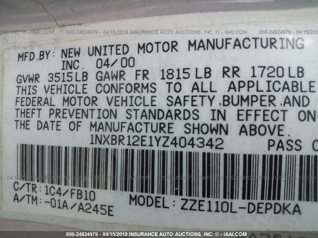 1NXBR12E1YZ404342 - 2000 TOYOTA COROLLA VE/CE/LE 银色 照片 9