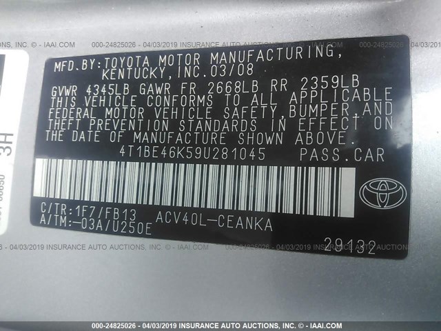 4T1BE46K59U281045 - 2009 TOYOTA CAMRY SE/LE/XLE SILVER photo 9