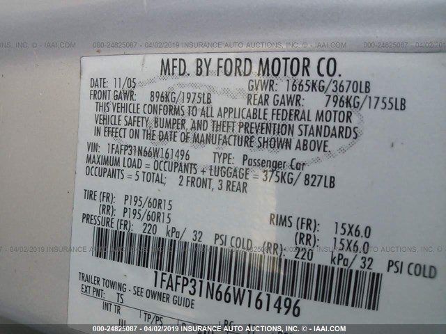 1FAFP31N66W161496 - 2006 FORD FOCUS ZX3 SILVER photo 9