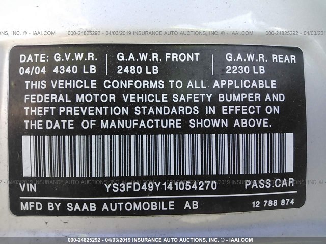 YS3FD49Y141054270 - 2004 SAAB 9-3 ARC SILVER photo 9