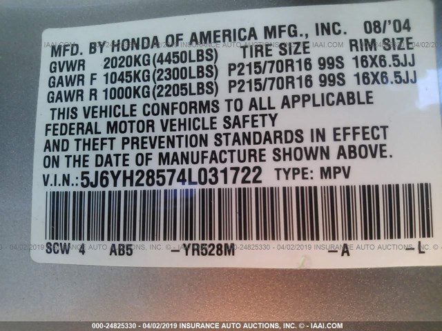 5J6YH28574L031722 - 2004 HONDA ELEMENT EX SILVER photo 9