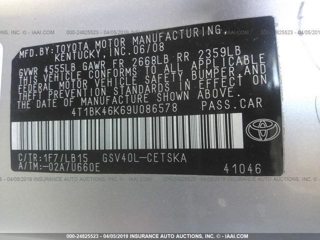 4T1BK46K69U086578 - 2009 TOYOTA CAMRY SE/LE/XLE SILVER photo 9