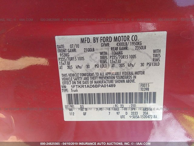 1FTKR1AD6BPA01489 - 2011 FORD RANGER RED photo 9