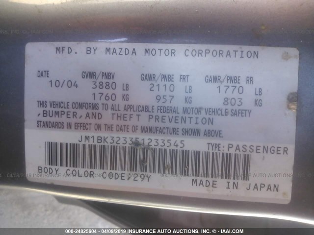 JM1BK323351233545 - 2005 MAZDA 3 S GRAY photo 9