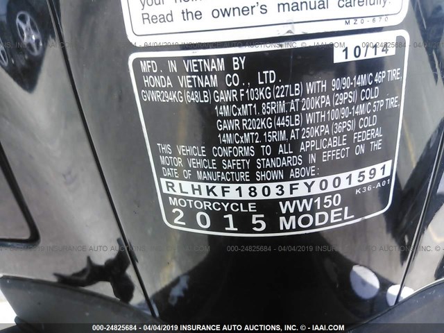 RLHKF1803FY001591 - 2015 HONDA PCX 150 BLACK photo 10