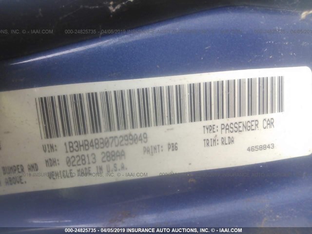 1B3HB48B07D299049 - 2007 DODGE CALIBER SXT BLUE photo 9