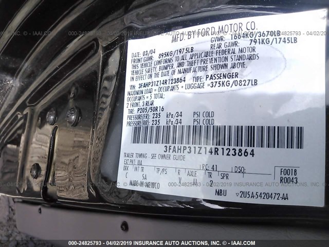 3FAHP31Z14R123864 - 2004 FORD FOCUS ZX3 BLACK photo 9