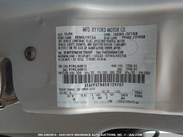 3FAFP37N85R129707 - 2005 FORD FOCUS ZX5 SILVER photo 9