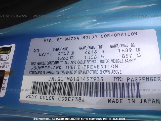 JM1BL1M61B1457935 - 2011 MAZDA 3 S BLUE photo 9