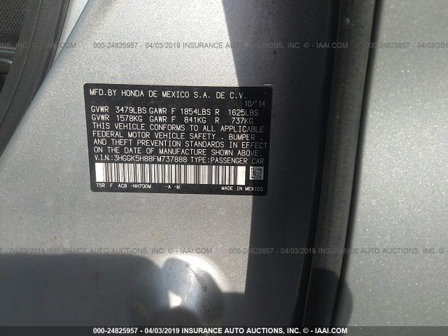 3HGGK5H88FM737888 - 2015 HONDA FIT EX/EXL SILVER photo 9