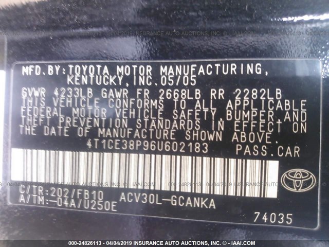 4T1CE38P96U602183 - 2006 TOYOTA CAMRY SOLARA SE/SLE BLACK photo 9