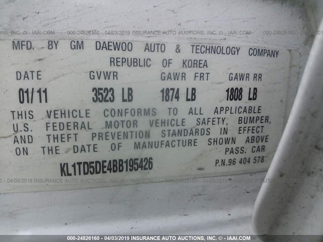 KL1TD5DE4BB195426 - 2011 CHEVROLET AVEO LS/LT Ağ foto 9