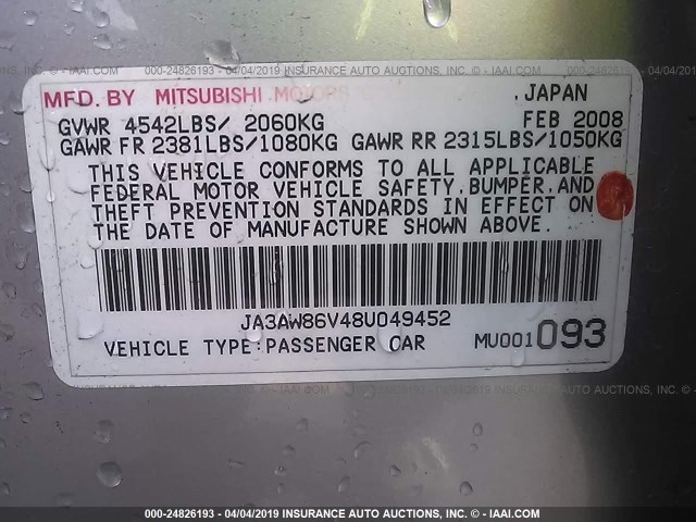 JA3AW86V48U049452 - 2008 MITSUBISHI LANCER EVOLUTION GSR SILVER photo 9